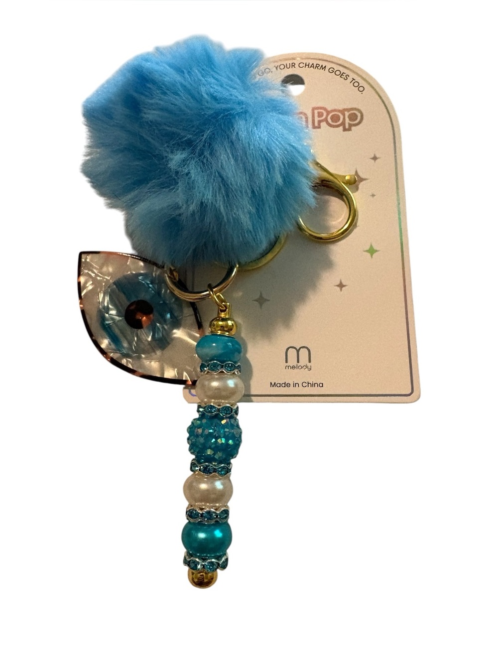 Hand Crafted Blue Pom Pom Keychain with Beaded Tassel